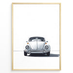 Load image into Gallery viewer, Minimalist framed poster of a white Volkswagen Beetle front view on a clean white background.
