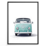 Load image into Gallery viewer, Front view illustration of a vintage aqua Volkswagen T1 Bus on a white background.
