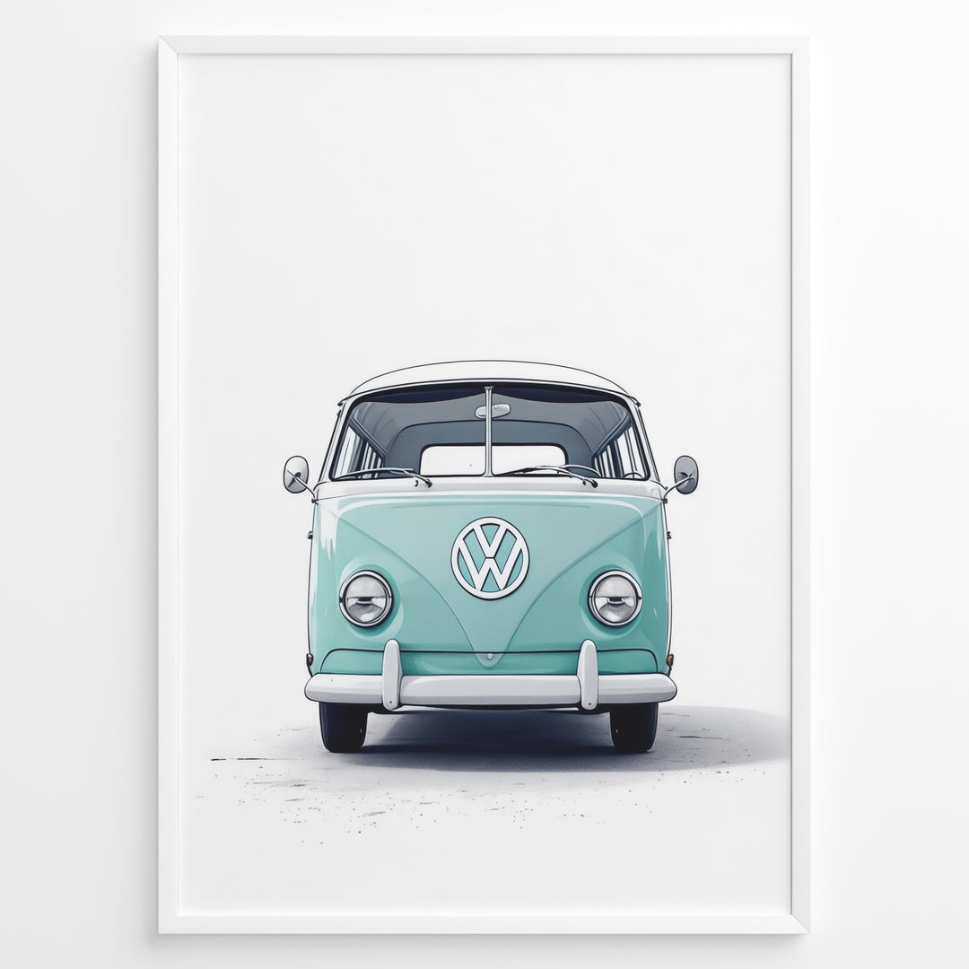 Front view illustration of a vintage aqua Volkswagen T1 Bus on a white background.