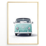 Load image into Gallery viewer, Front view illustration of a vintage aqua Volkswagen T1 Bus on a white background.
