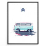 Load image into Gallery viewer, Illustration of a teal vintage Volkswagen camper van side view on a minimal white background.

