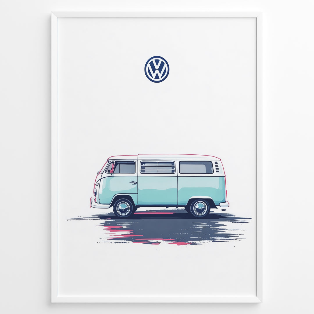 Illustration of a teal vintage Volkswagen camper van side view on a minimal white background.