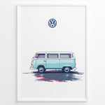 Load image into Gallery viewer, Illustration of a teal vintage Volkswagen camper van side view on a minimal white background.
