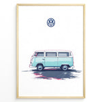 Load image into Gallery viewer, Illustration of a teal vintage Volkswagen camper van side view on a minimal white background.

