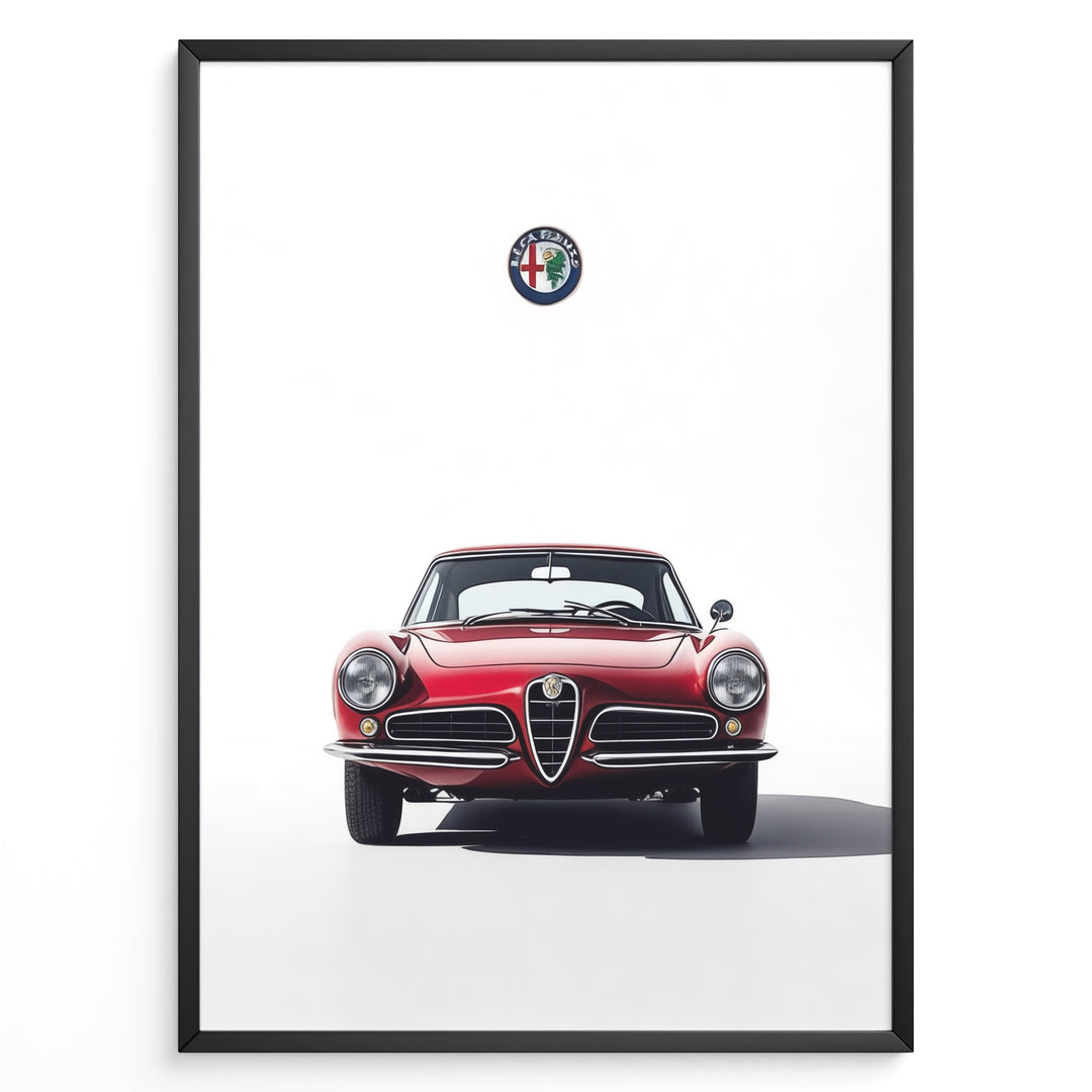 Front view illustration of a classic red Alfa Romeo vintage car with logo on a white background.