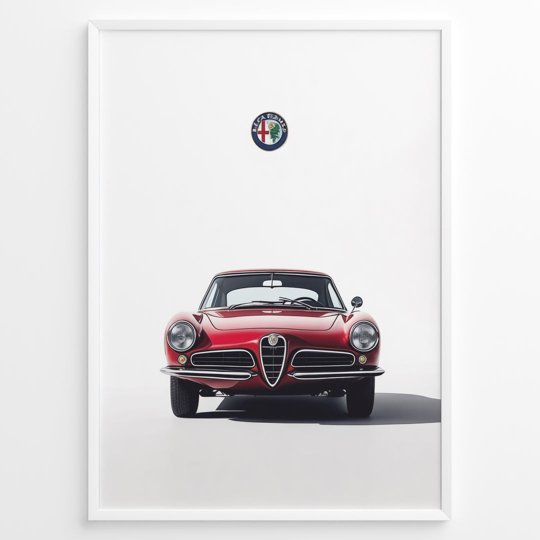 Front view illustration of a classic red Alfa Romeo vintage car with logo on a white background.