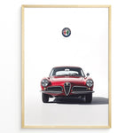 Load image into Gallery viewer, Front view illustration of a classic red Alfa Romeo vintage car with logo on a white background.
