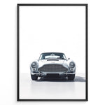 Load image into Gallery viewer, Front view illustration of a classic silver Aston Martin DB5 on a minimal white background.
