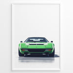 Load image into Gallery viewer, Illustration of a green vintage sports car viewed from the front on a clean white background.
