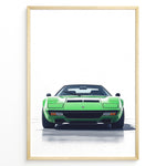 Load image into Gallery viewer, Illustration of a green vintage sports car viewed from the front on a clean white background.
