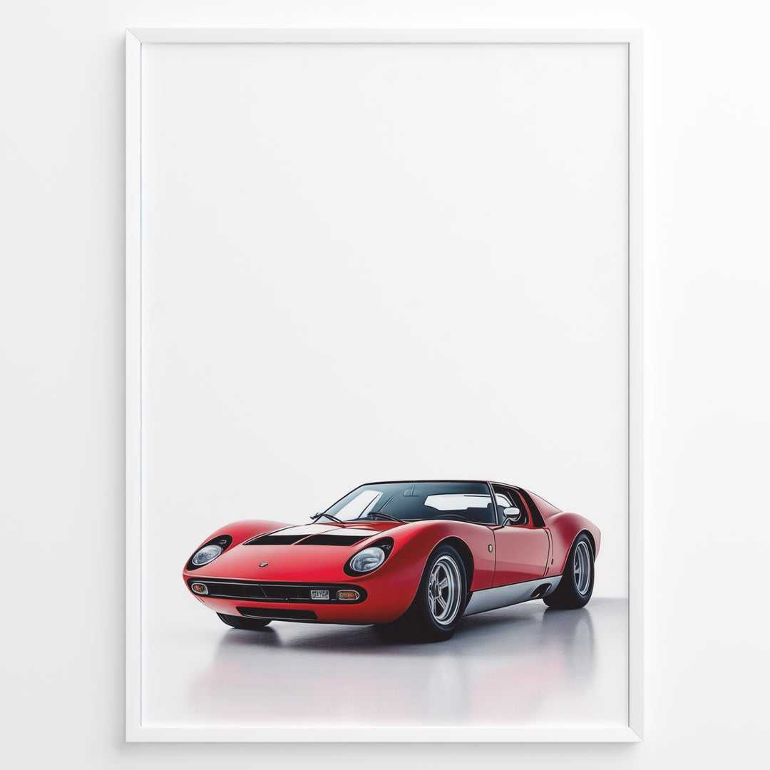 Illustration of a red Lamborghini Miura classic sports car on a clean white background.