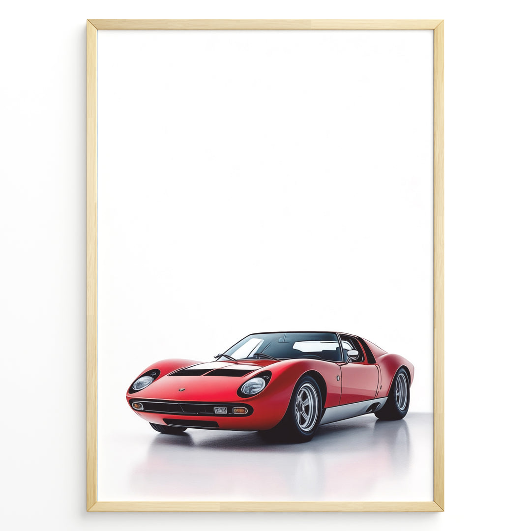 Illustration of a red Lamborghini Miura classic sports car on a clean white background.