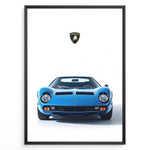 Load image into Gallery viewer, Blue Lamborghini Miura classic supercar front view poster illustration.
