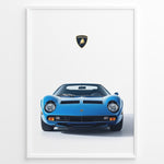 Load image into Gallery viewer, Blue Lamborghini Miura classic supercar front view poster illustration.

