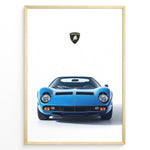 Load image into Gallery viewer, Blue Lamborghini Miura classic supercar front view poster illustration.
