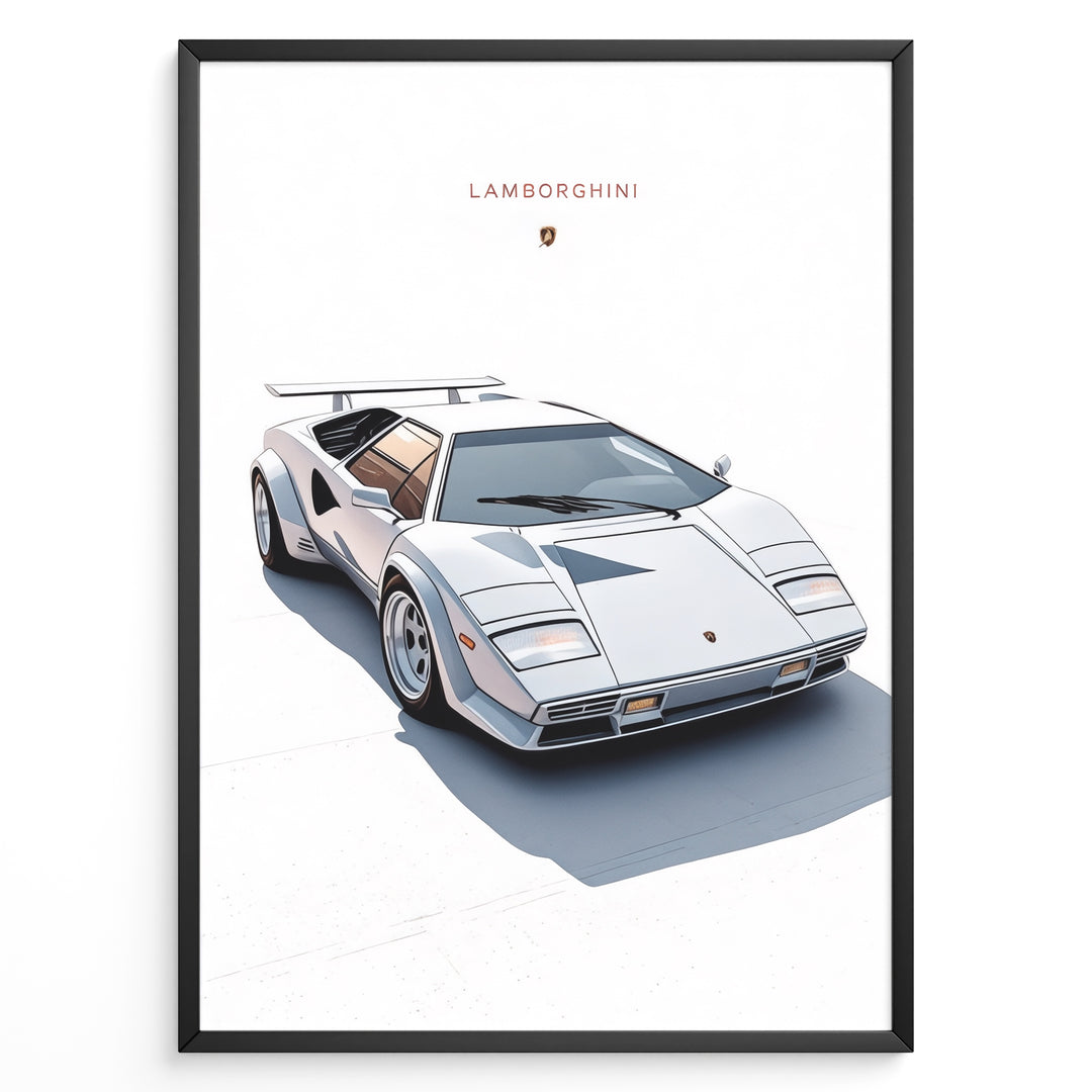 Illustration of a white Lamborghini Countach classic sports car on a minimal white background.