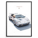 Load image into Gallery viewer, Illustration of a white Lamborghini Countach classic sports car on a minimal white background.
