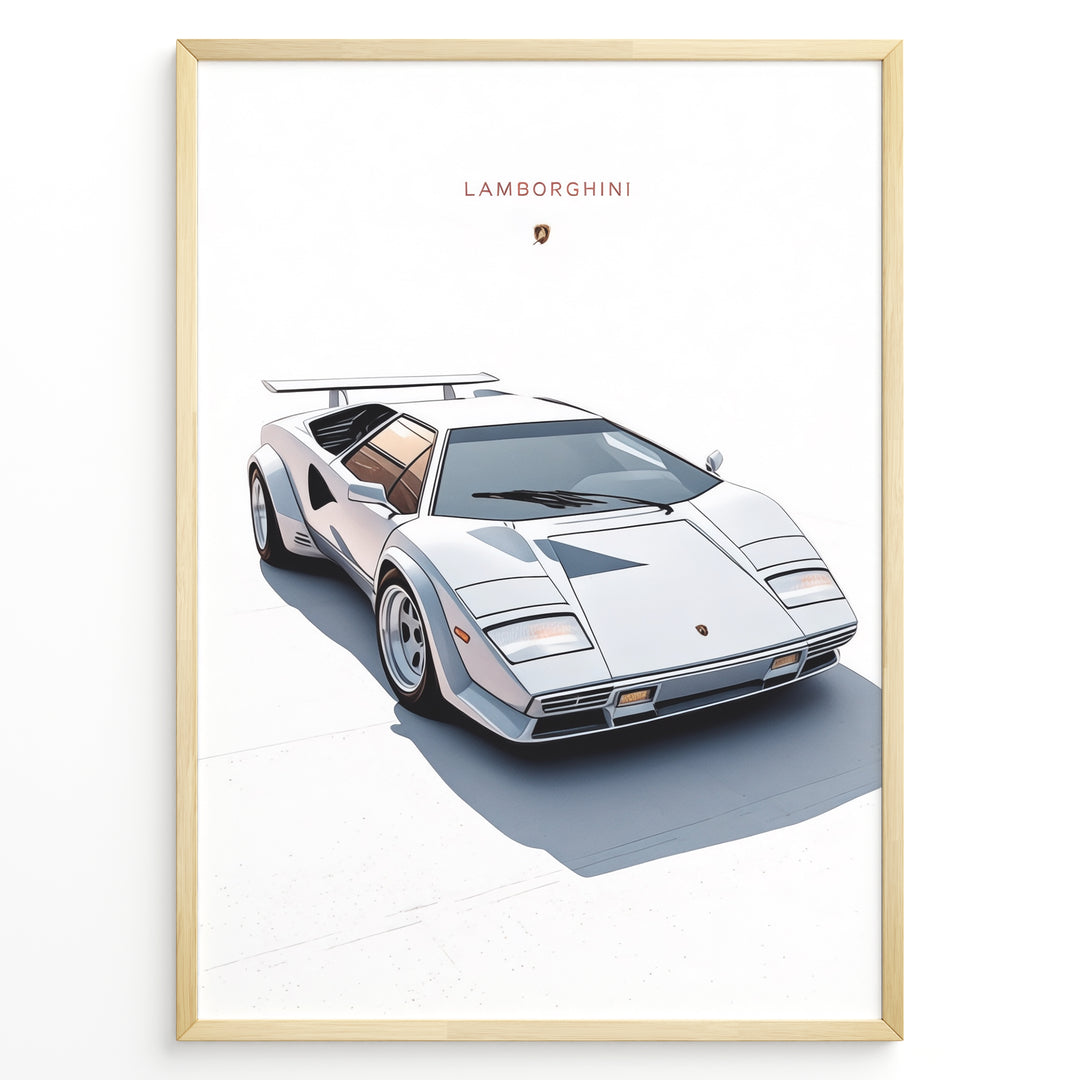 Illustration of a white Lamborghini Countach classic sports car on a minimal white background.