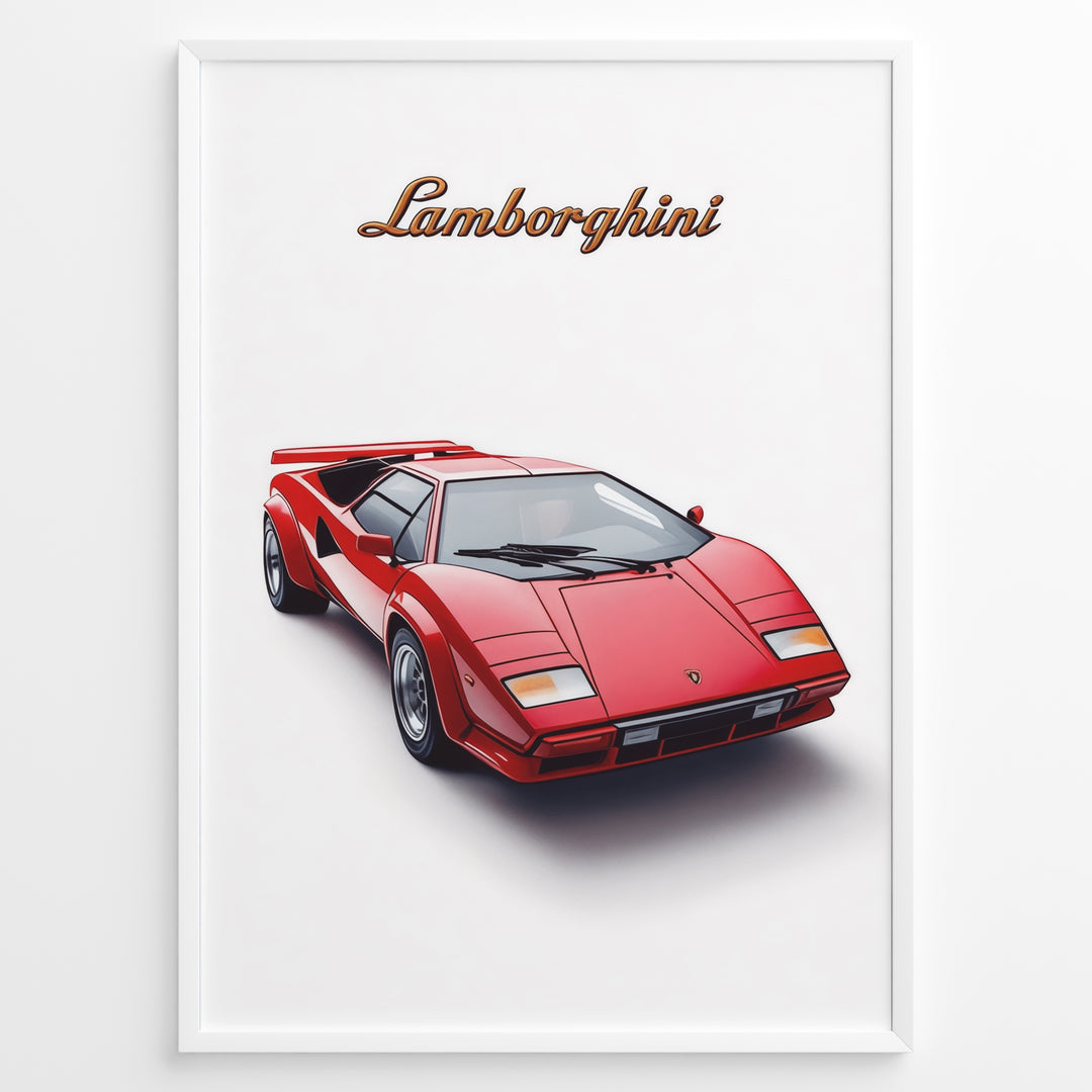 Red Lamborghini Countach classic supercar illustration front-angle poster.