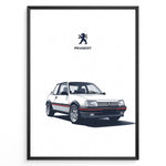 Load image into Gallery viewer, Illustration of a Peugeot 205 GTI classic white hatchback with Peugeot logo above.
