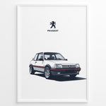 Load image into Gallery viewer, Illustration of a Peugeot 205 GTI classic white hatchback with Peugeot logo above.

