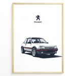 Load image into Gallery viewer, Illustration of a Peugeot 205 GTI classic white hatchback with Peugeot logo above.
