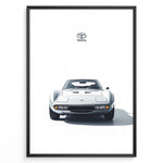 Load image into Gallery viewer, Front view illustration of a white Toyota 2000GT classic sports car on a minimal white background.
