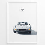 Load image into Gallery viewer, Front view illustration of a white Toyota 2000GT classic sports car on a minimal white background.
