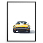 Load image into Gallery viewer, Illustration of a classic yellow sports car viewed from the front on a minimalist white background.
