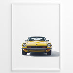 Load image into Gallery viewer, Illustration of a classic yellow sports car viewed from the front on a minimalist white background.
