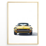 Load image into Gallery viewer, Illustration of a classic yellow sports car viewed from the front on a minimalist white background.

