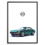 Load image into Gallery viewer, Illustration of a classic green Nissan sports car on a white background.

