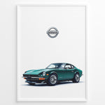 Load image into Gallery viewer, Illustration of a classic green Nissan sports car on a white background.
