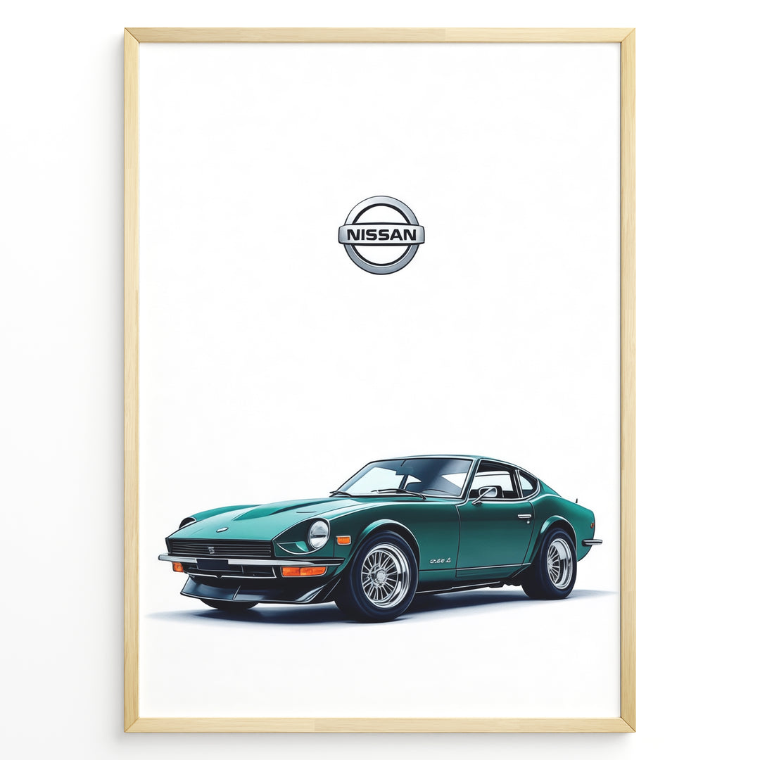 Illustration of a classic green Nissan sports car on a white background.
