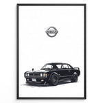 Load image into Gallery viewer, Illustration of a black classic Nissan Skyline GT with Nissan logo above.

