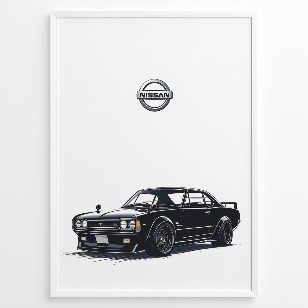 Illustration of a black classic Nissan Skyline GT with Nissan logo above.