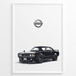 Load image into Gallery viewer, Illustration of a black classic Nissan Skyline GT with Nissan logo above.

