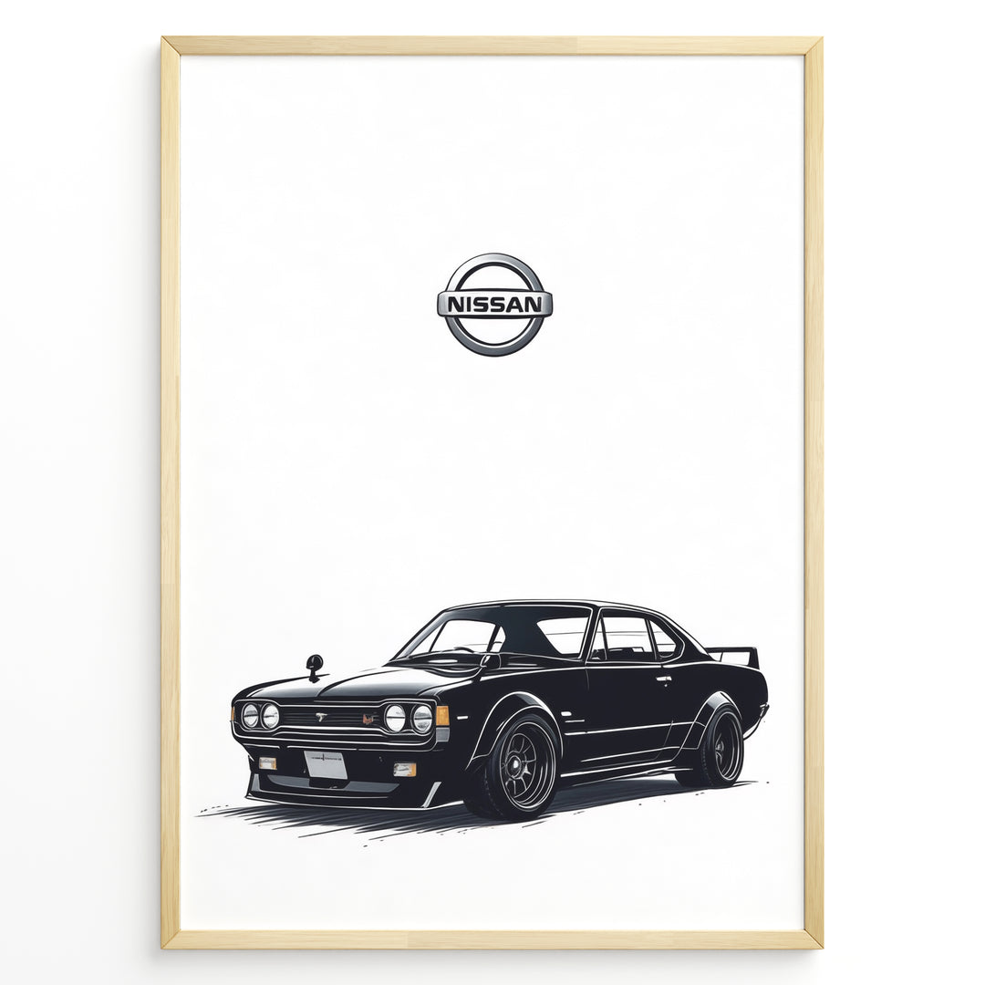 Illustration of a black classic Nissan Skyline GT with Nissan logo above.