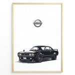 Load image into Gallery viewer, Illustration of a black classic Nissan Skyline GT with Nissan logo above.
