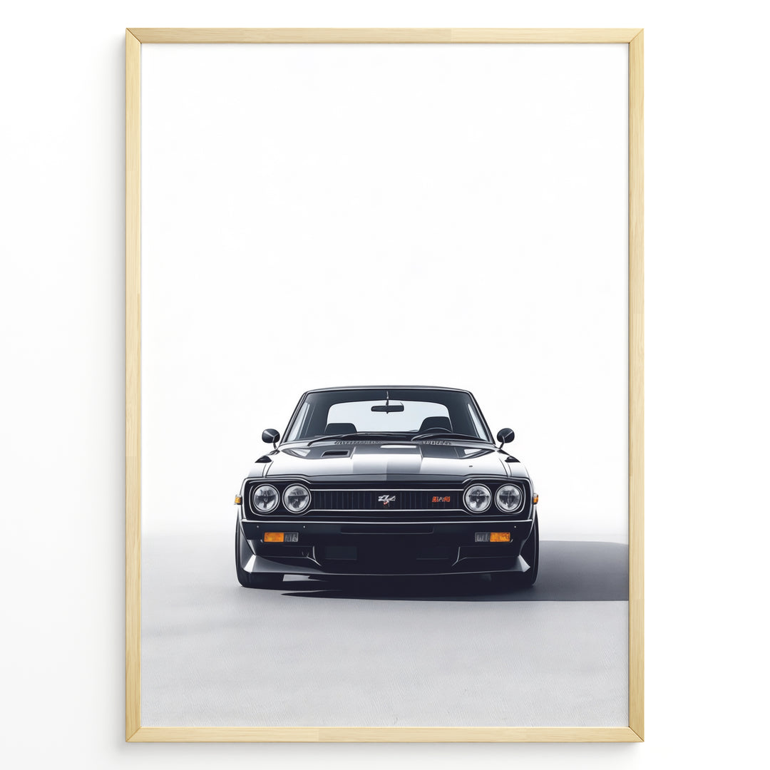Front view illustration of a classic Toyota Celica in a framed poster.