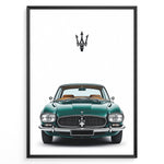 Load image into Gallery viewer, Front view illustration of a vintage green Maserati classic car.
