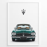 Load image into Gallery viewer, Front view illustration of a vintage green Maserati classic car.
