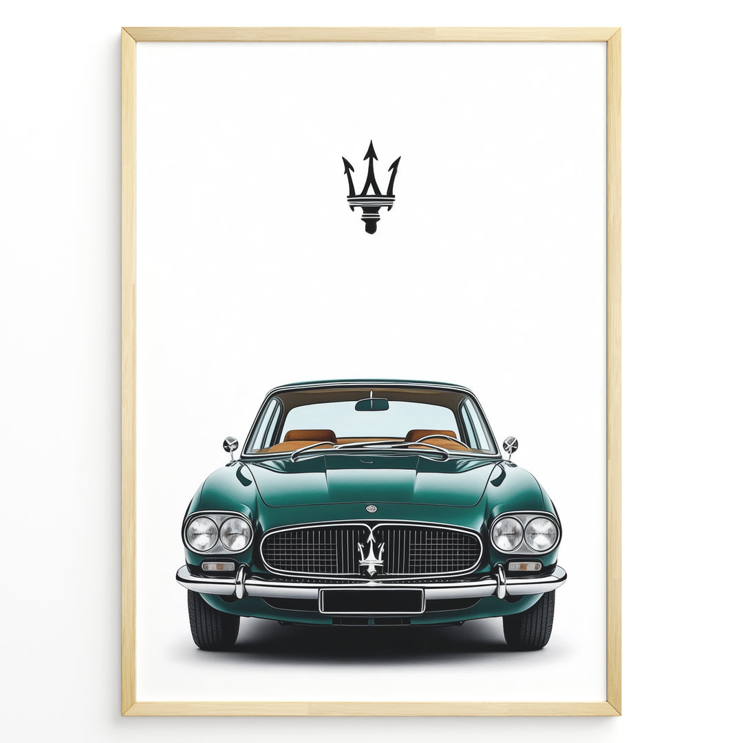 Front view illustration of a vintage green Maserati classic car.