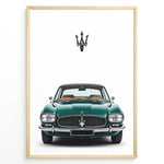 Load image into Gallery viewer, Front view illustration of a vintage green Maserati classic car.
