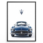 Load image into Gallery viewer, Illustration of a classic blue Maserati coupe viewed from the front with Maserati logo above.
