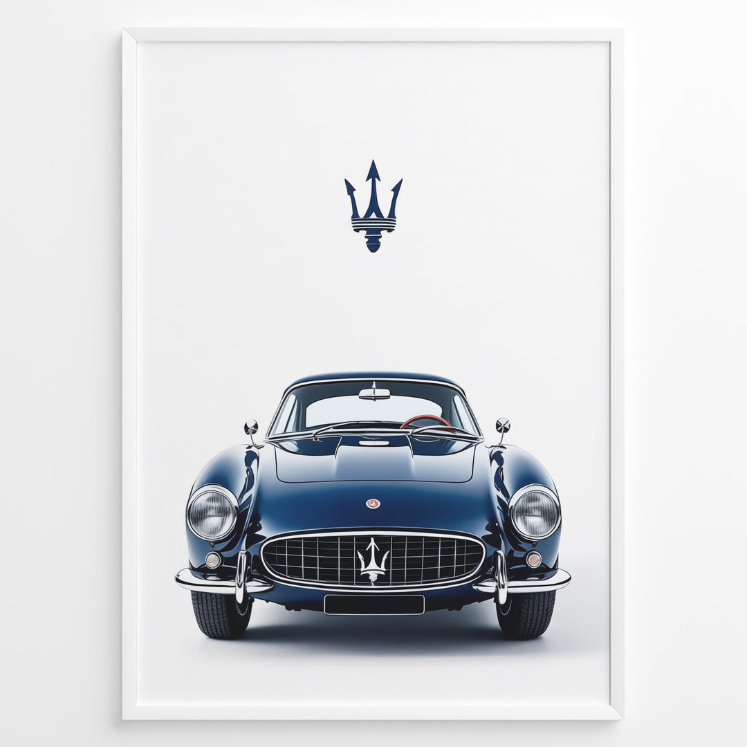 Illustration of a classic blue Maserati coupe viewed from the front with Maserati logo above.