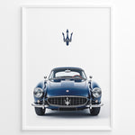 Load image into Gallery viewer, Illustration of a classic blue Maserati coupe viewed from the front with Maserati logo above.
