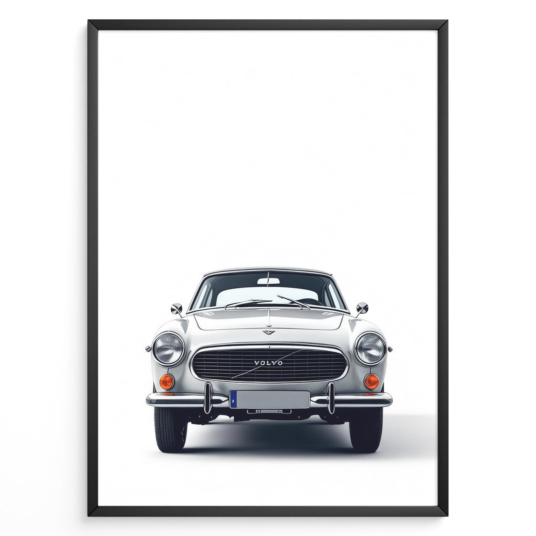 Front view illustration plakat of a classic Volvo P1800 car on a minimalist white background.