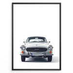 Load image into Gallery viewer, Front view illustration plakat of a classic Volvo P1800 car on a minimalist white background.
