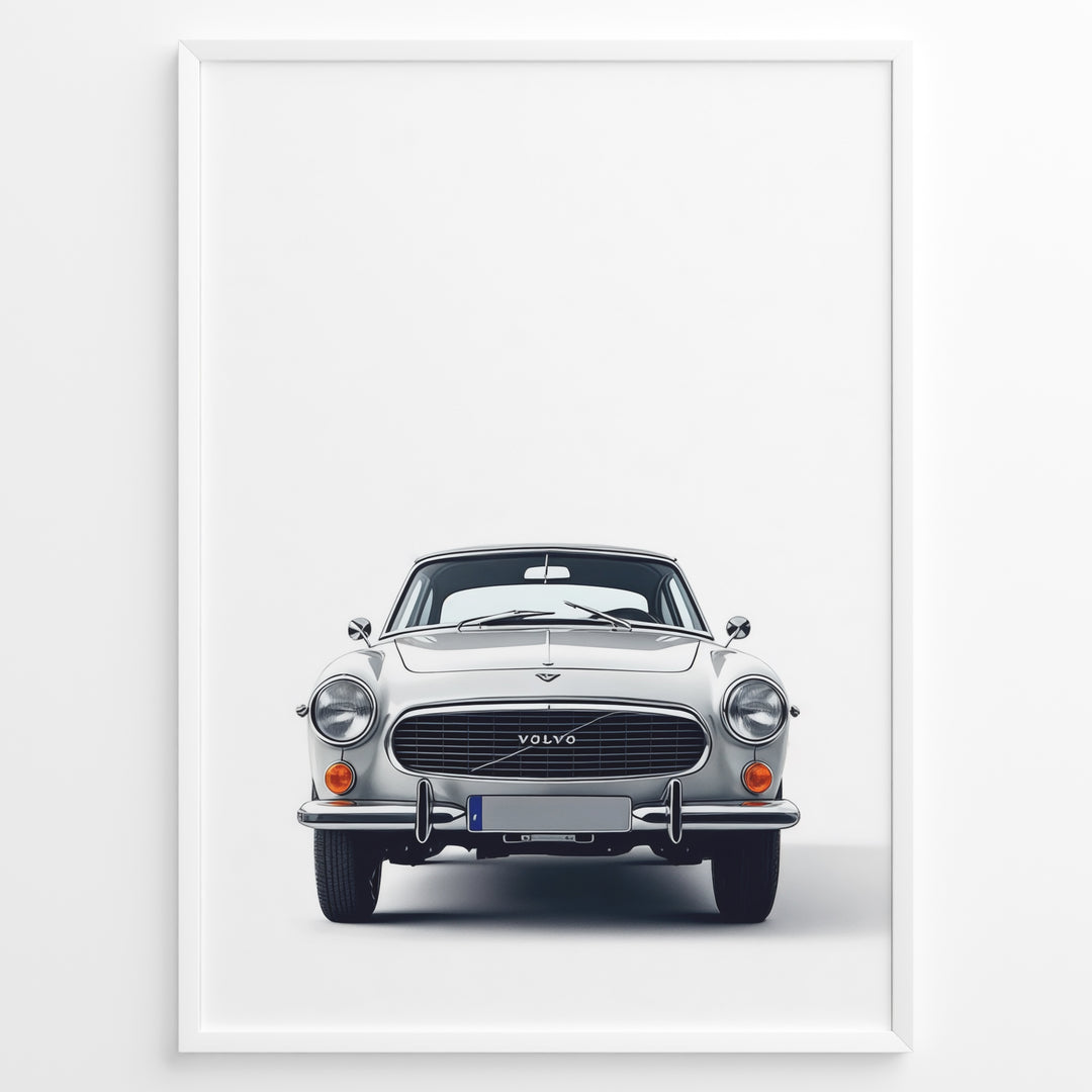 Front view illustration plakat of a classic Volvo P1800 car on a minimalist white background.
